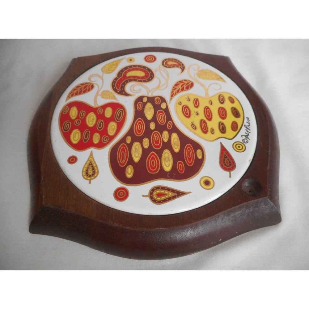 Fred Press Mid Century Modern Wood & Tile Trivet Fruit Design hand carved - Picture 1 of 5